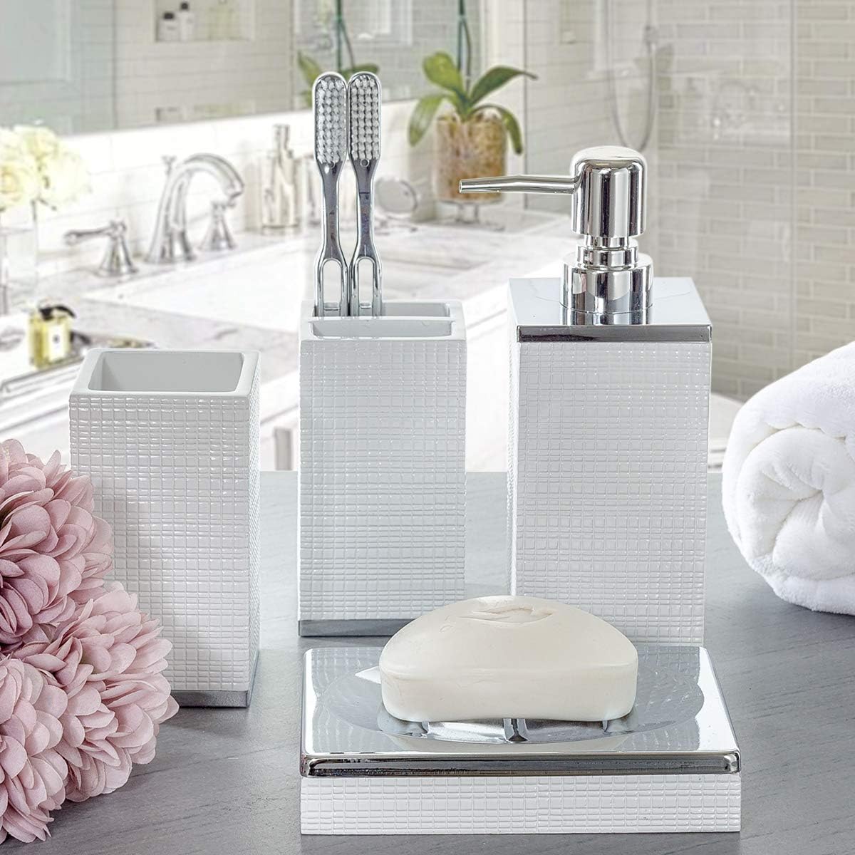 Creative Scents Estella White 4 Piece Resin Bathroom Accessories Set