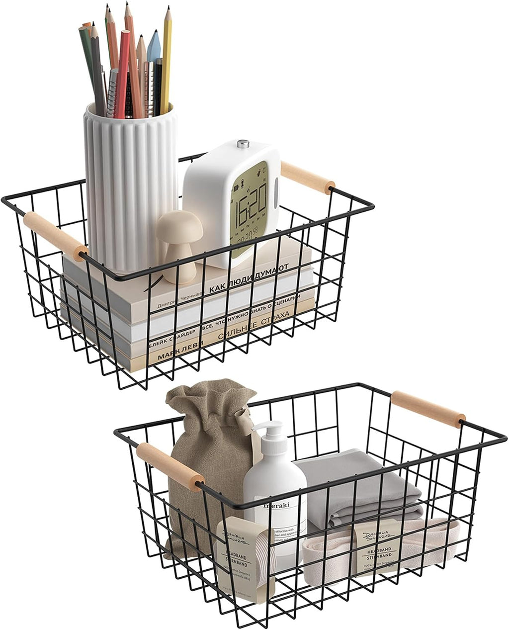 Baskets for household purposes, Wire Basket with Wooden Handle