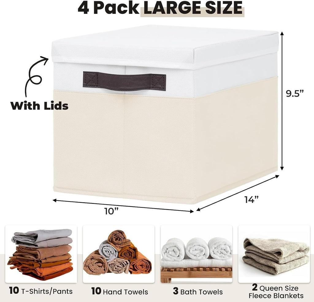 Large Nursery Closet Organizer Bins with Lids 4 Pack - 23 QT Decorative Storage Baskets for Living Room Bedroom Shelf - Stackable Storage Boxes with Lids Handles for Clothes Sweater Book Towel Purse