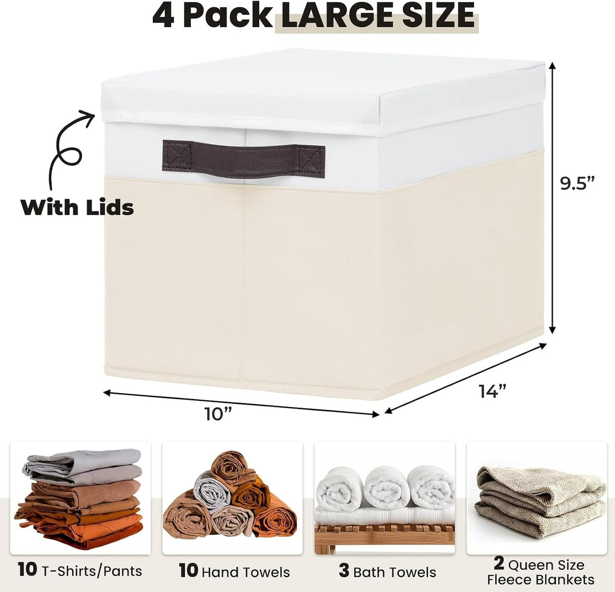 Large Nursery Closet Organizer Bins with Lids 4 Pack - 23 QT Decorative Storage Baskets for Living Room Bedroom Shelf - Stackable Storage Boxes with Lids Handles for Clothes Sweater Book Towel Purse
