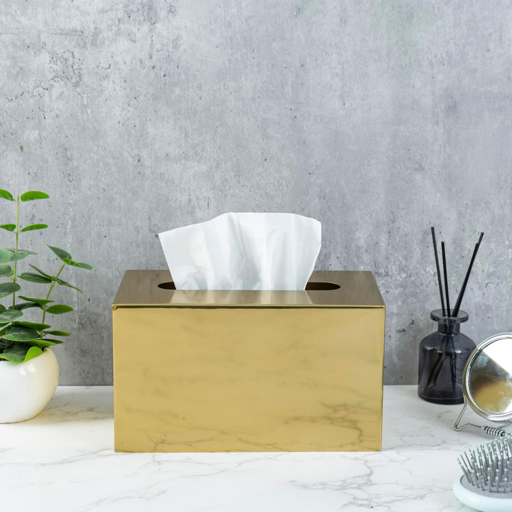 MyGift Brass-Tone Stainless Steel Rectangular Tissue Box Cover