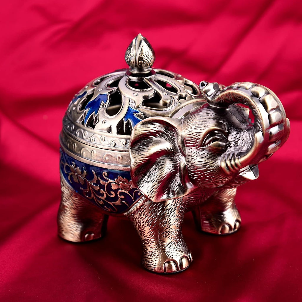 K COOL Metal Backflow Incense Holder Elephant Cone Incense Burner Candle Holder with Lid, Aromatherapy Ornament Home Office Decoration for Indoor Outdoor (Navy Blue)