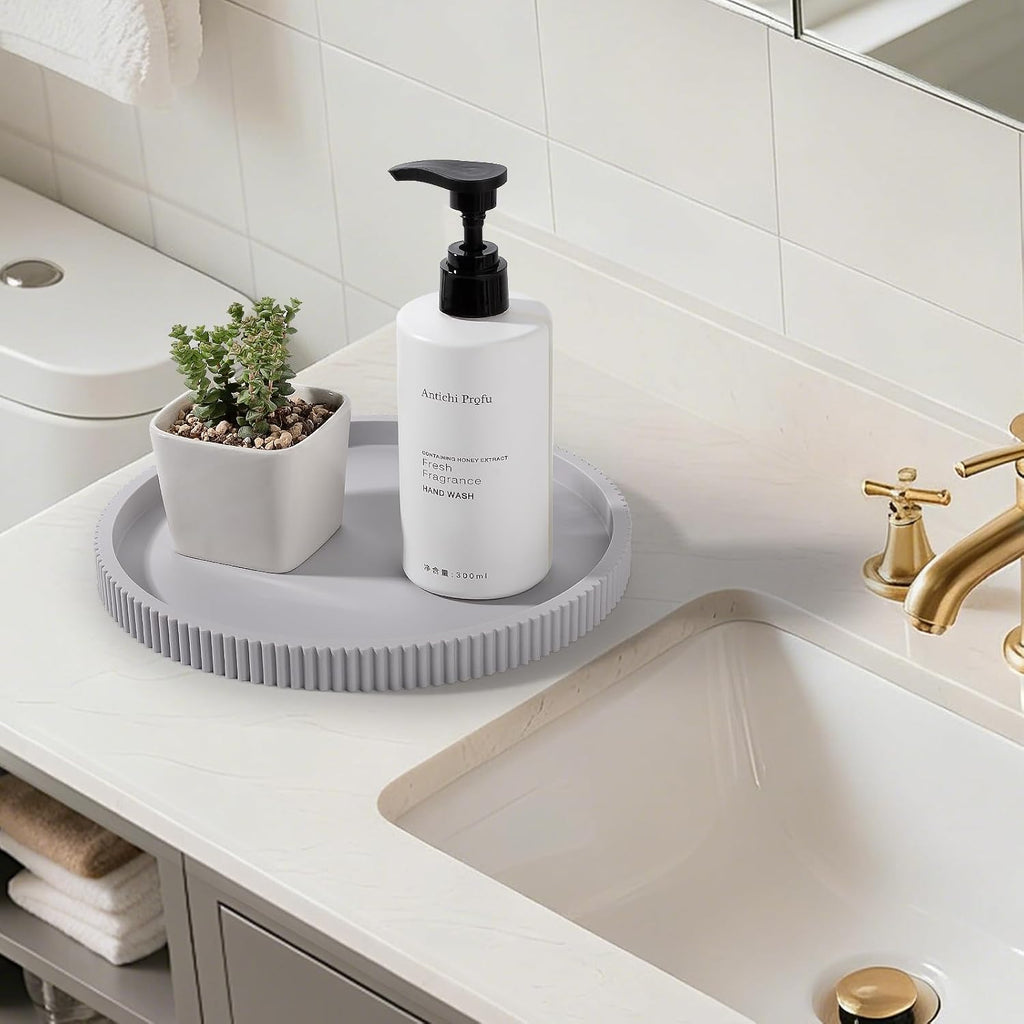 Silicone Bathroom Tray Round Perfume Tray Coffee Table Decor, 9" Light Grey