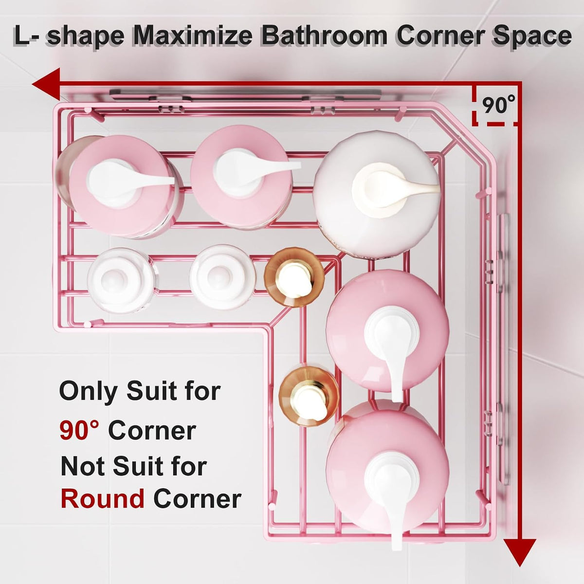 Liuoud Corner Shower Caddy, 5 Pack Adhesive Stainless Steel Organizer, Pink