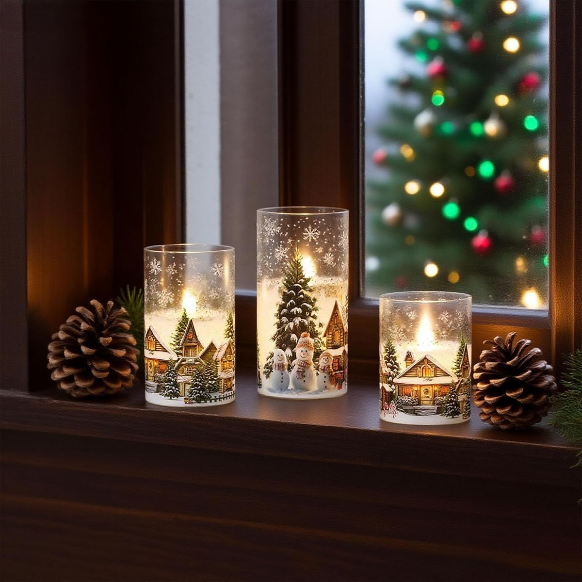 Eldnacele Snowman House Glass Christmas Flameless Candles with Remote Timer