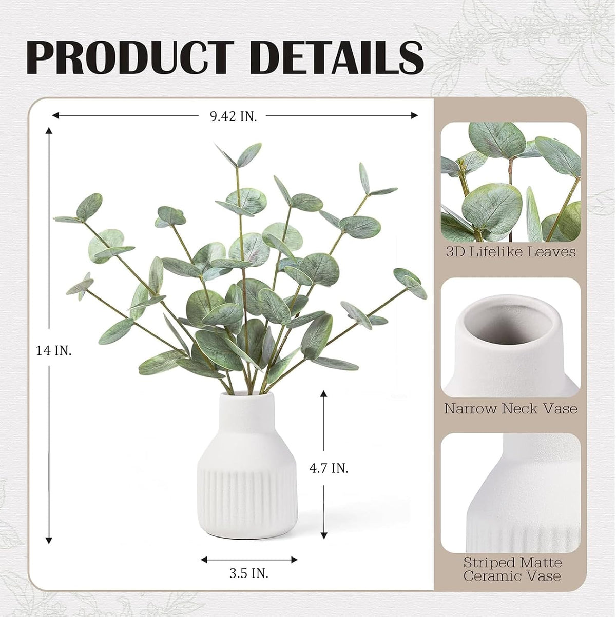 FIACO Artificial Eucalyptus Stems in Ceramic Vase, 14" Fake Plants for Home Decor, Coffee Table Centerpiece Bathroom Shelf Dining Table Farmhouse Faux Greenery Plants Indoor Decorations