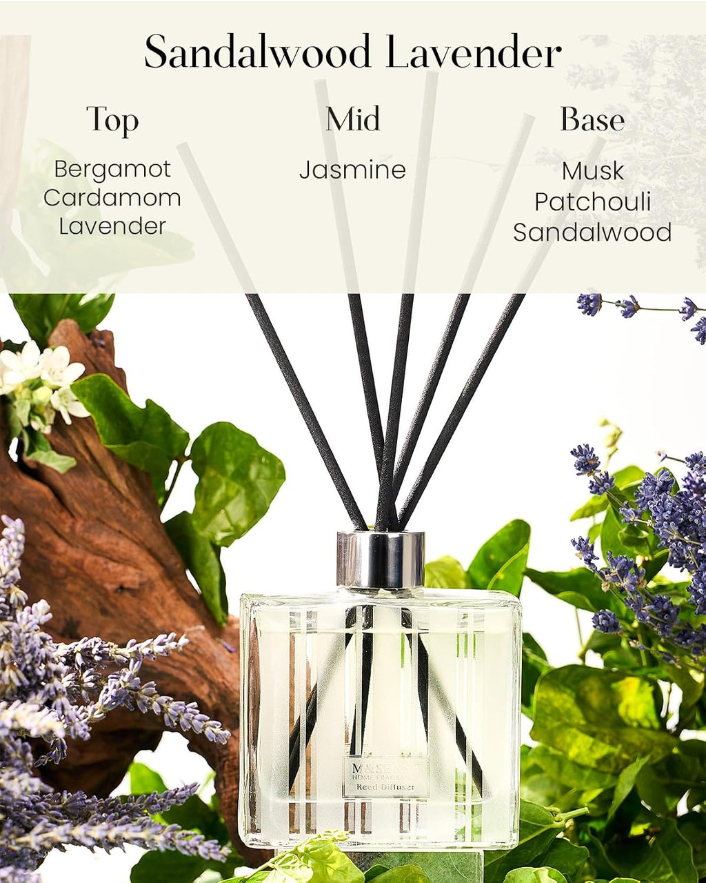 M&SENSE Reed Diffuser, Sandalwood Lavender, 7.04 oz Natural Essential Oil