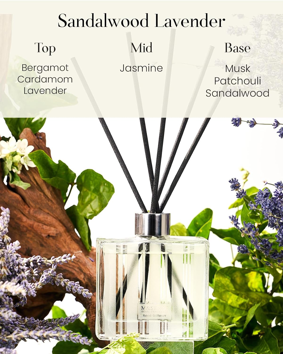 M&SENSE Reed Diffuser, Sandalwood Lavender, 7.04 oz Natural Essential Oil