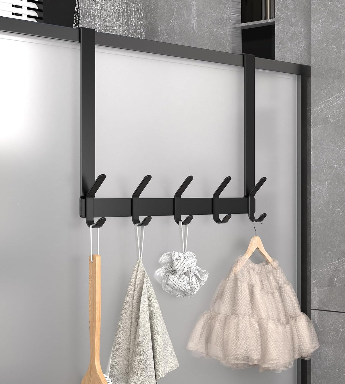 KitchLife Long Over The Door Hooks Hanger with 15.75 inches Extended Arms, Fit 1-3/8" Doors, J40U, Thickened Bathroom Towel Rack Organization, 1 Pack, Matte Black