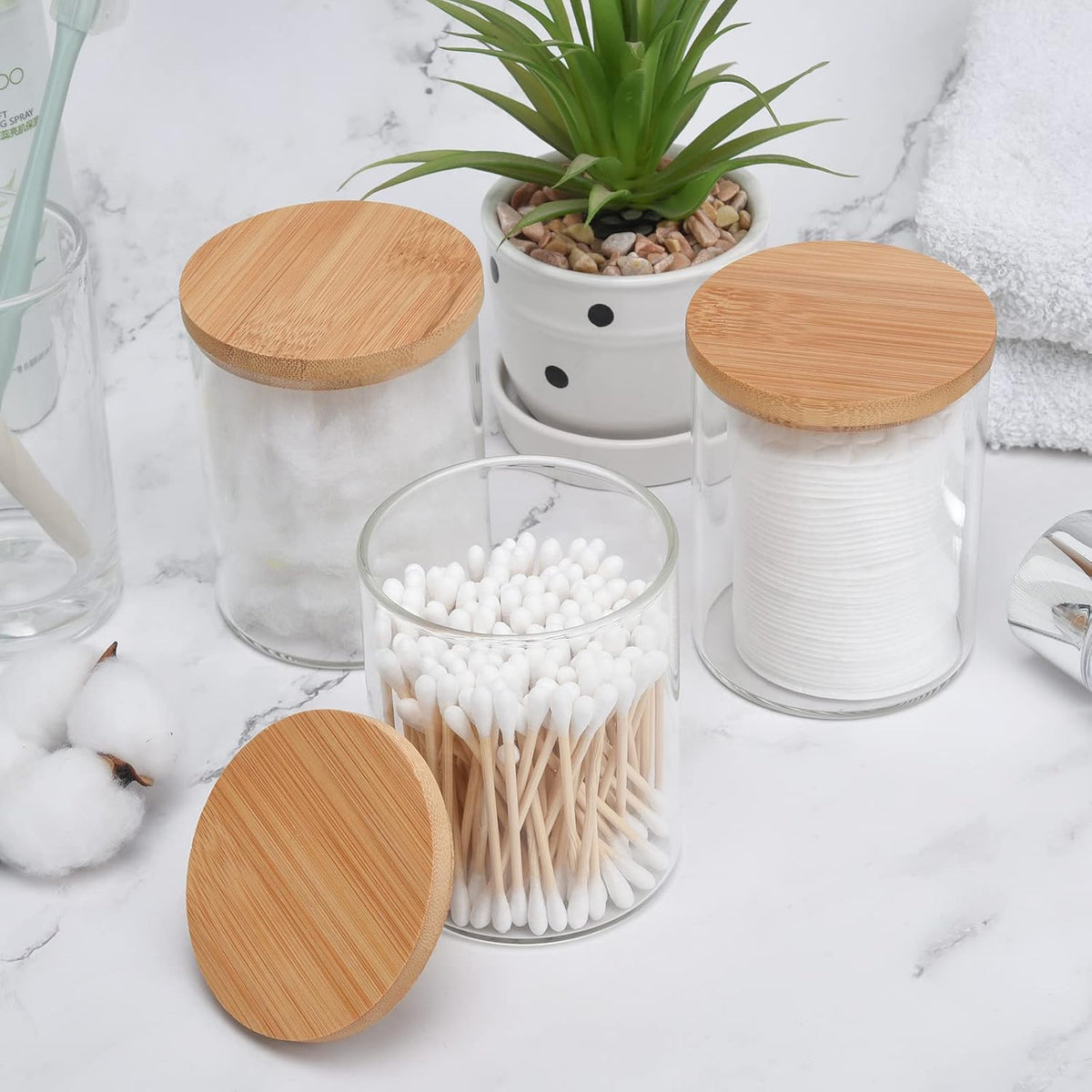 BKYFPQ 3 Pack Glass Qtip Holder Dispenser for Cotton Ball,Swab,Pads,Floss