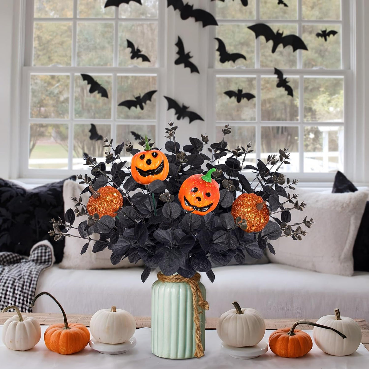 Yen Jean 12PCS Black Halloween Pumpkin Decorations Indoor Artificial Fake Flowers: Eucalyptus Branches Stems Table Centerpieces Decor