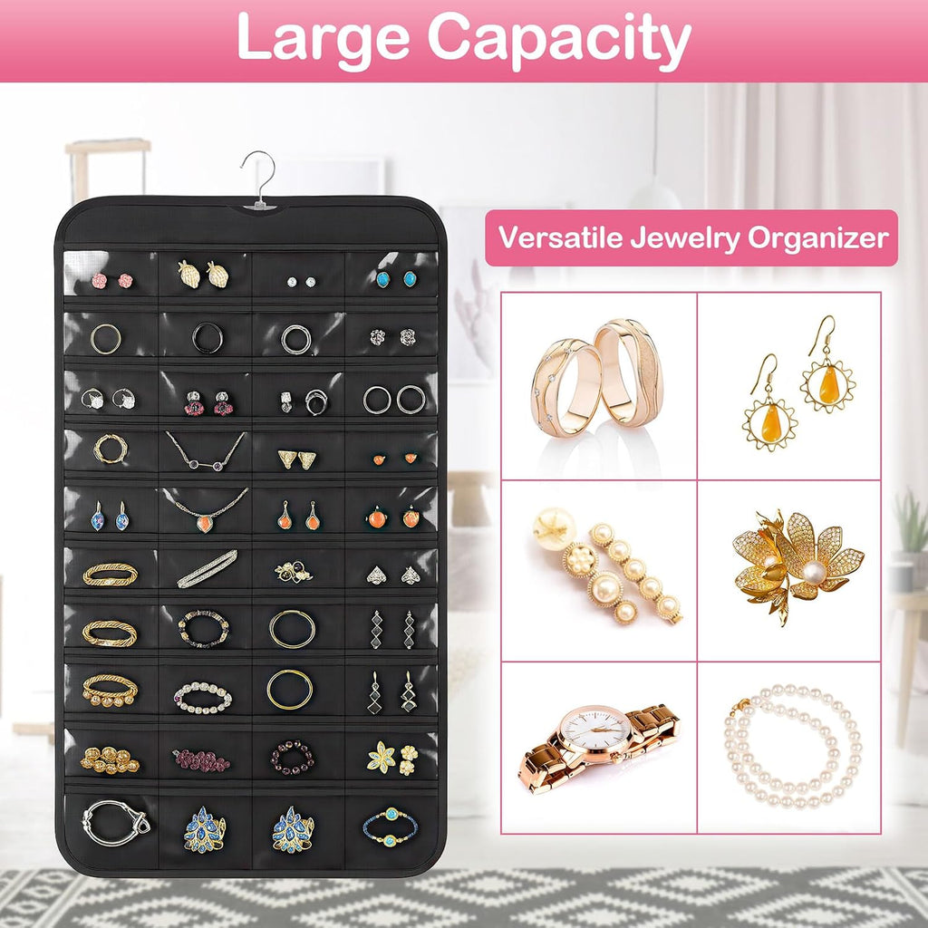 1 Pack Hanging Jewelry Organizer, 80 Clear Pockets Earring Storage