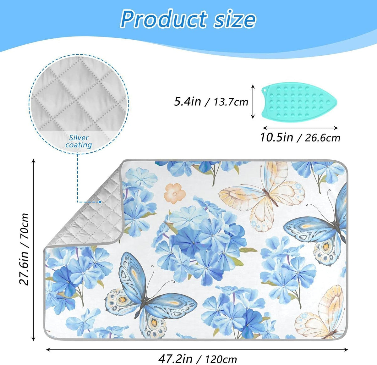 Blue Floral Butterfly Ironing Mat Portable Ironing Pad Blanket with Silicone Iron Rest for Table Top Travel Heat Resistant Double-Side Using Large 47x28 Inch Foldable