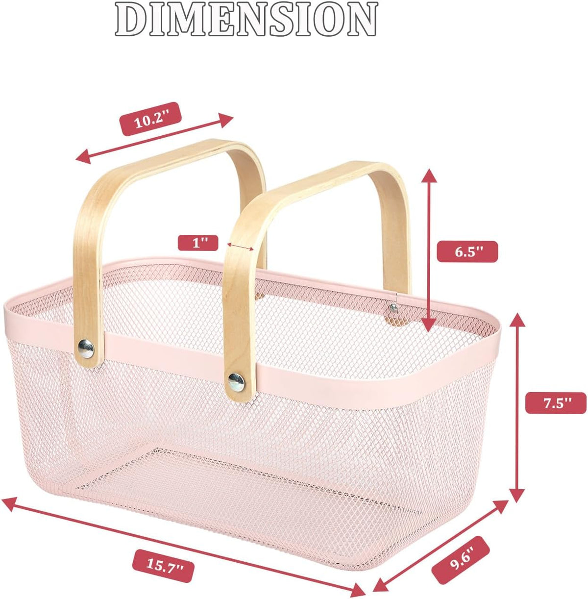 Coloful Metal Mesh Wire Basket with Foldable Wooden Handle,Bin Garden Fruit Vegetable Storage Hanging Harvest Holder for Kitchen Bathroom Picnic (Light Pink, Cuboid-15.7 x 9.5 x 7.2“)