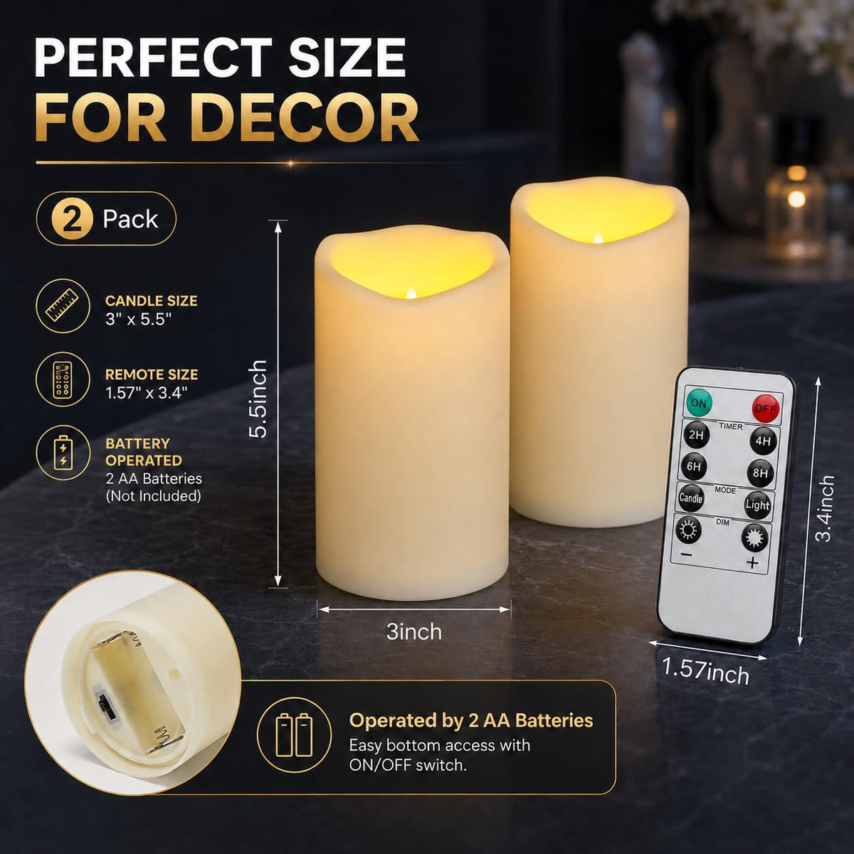 Enido Flameless Candles LED Candles Outdoor Waterproof Candles(D: 3" x H: 6") Battery Operated Plastic Pack of 2 Pillar