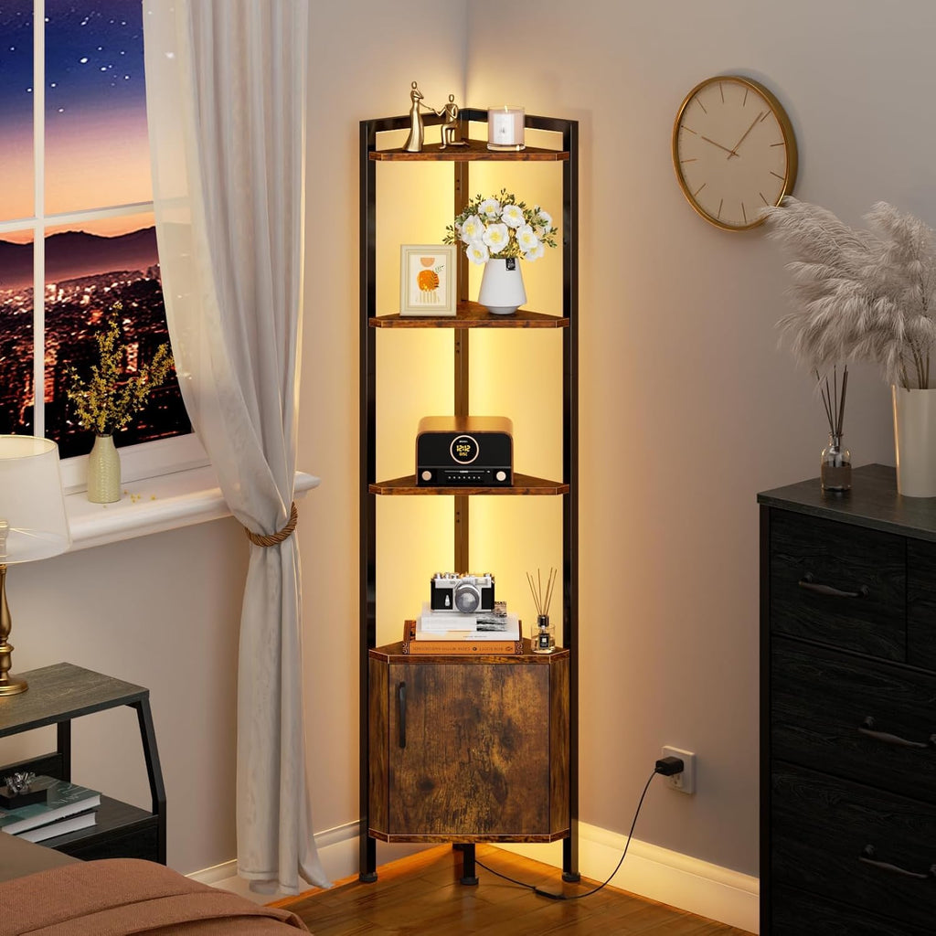 Furnulem Corner Shelf Cabinet,Corner Bookshelf with Storage and LED Light