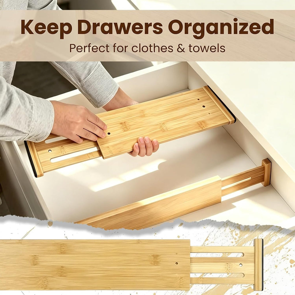 Joyeee Kitchen Drawer Dividers 6 Pack, 16.9-22.1" Adjustable Bamboo Drawer Organizer, 3.86" High Expandable Utensils Separators for Closet, Dresser, Bathroom, Bedroom, Office