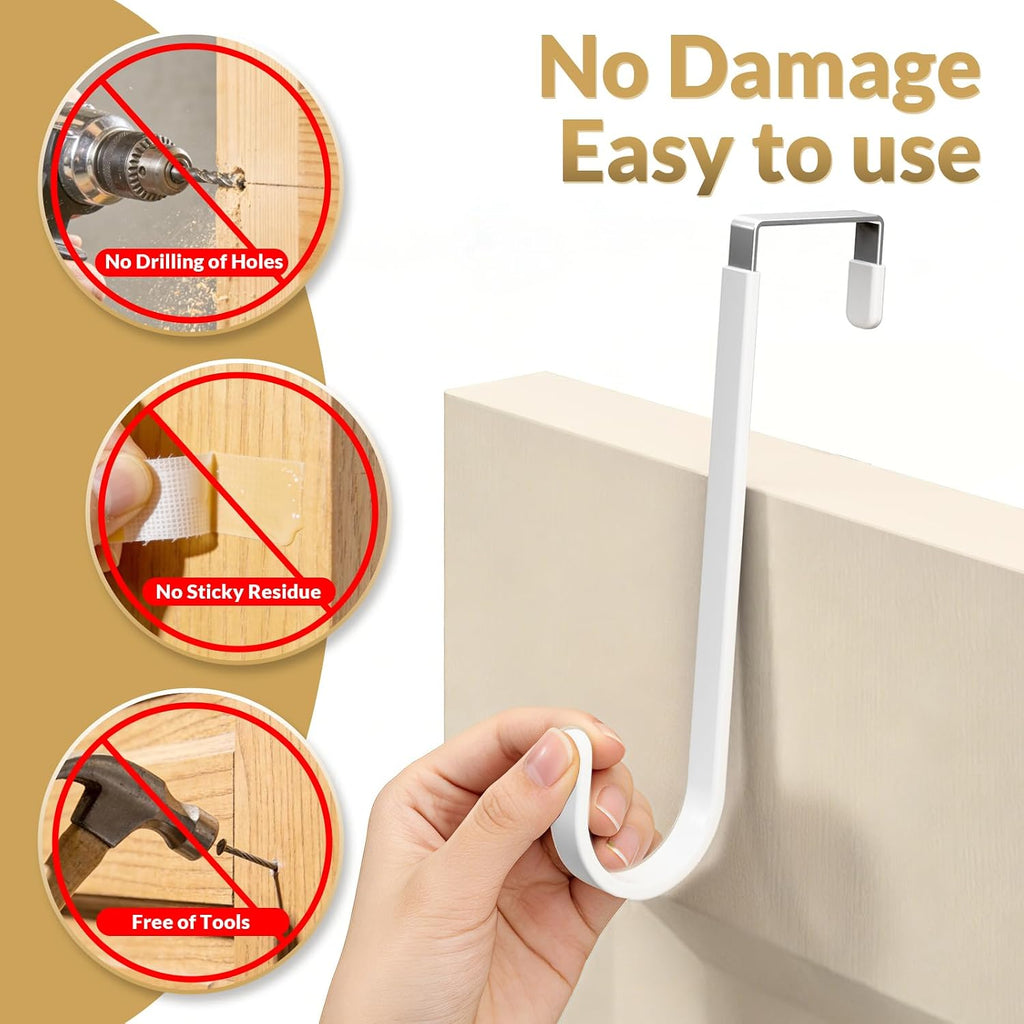 Over the Door Hooks, 4 Pack Heavy Door Hanger Hooks with Non-Slip Rubber, Over Door Hanger for Towels, Coats, Bags, Space Saving Door Coat Hanger for Living Room,Bathroom, Bedroom (White, Long)