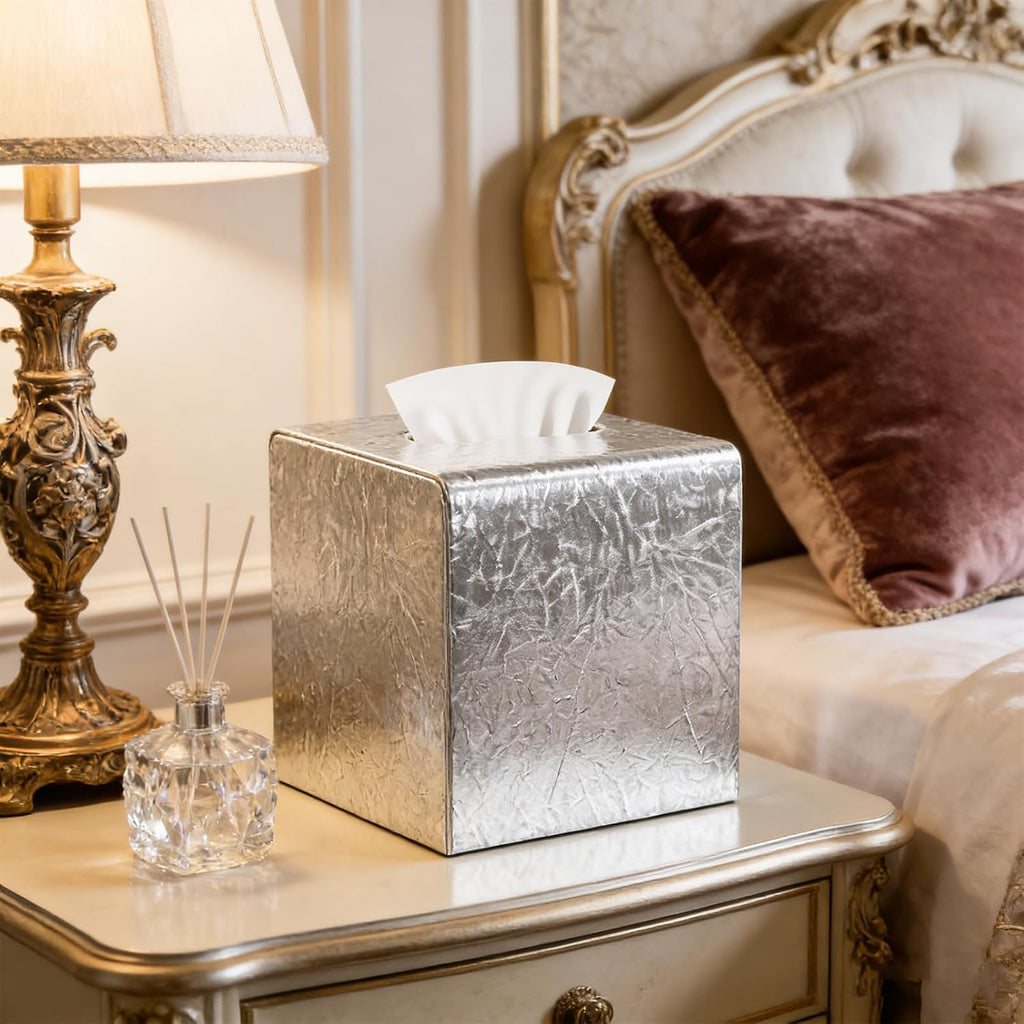 Silver Tissue Box Cover,Square Leather Tissue Box Cover with Magnetic Closure,Tissue Vessel for Bathroom Toilet Bedroom Living Room Table Desk Office,Modern Home Decor
