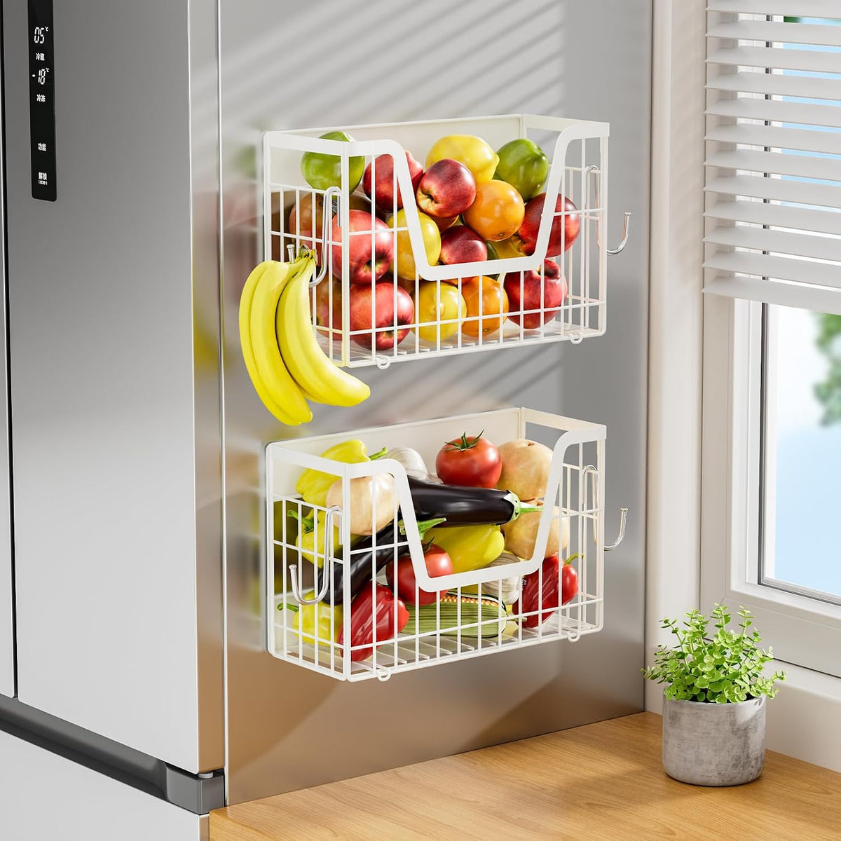 2 Set Magnetic Fridge Shelf, White Magnetic Fruit Basket for Fridge