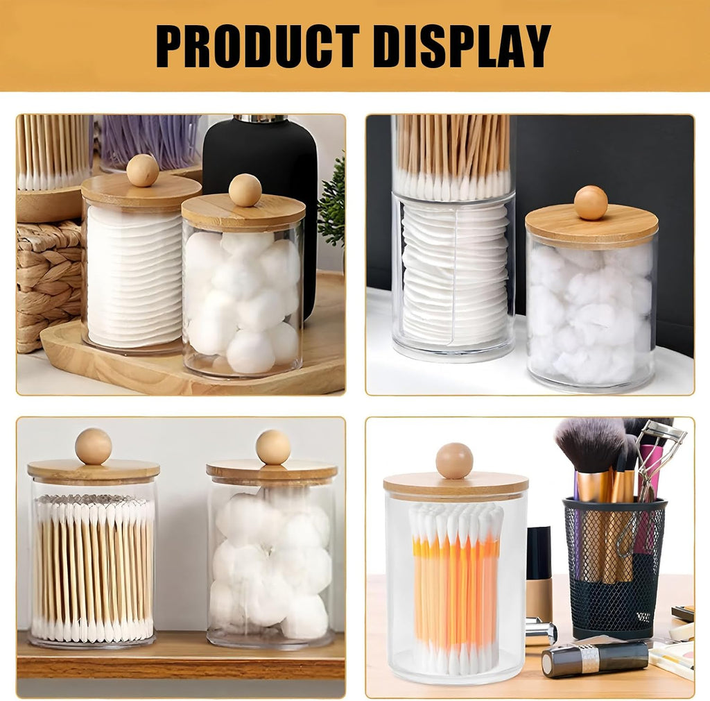 3Pack Acrylic Qtip Holder Dispenser with Wood Lids, Bathroom Organizer