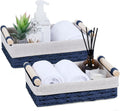Wicker Storage Basket with Wooden Handle – Paper Rope Decorative Toilet Paper Baskets & Bathroom Organizer for Toilet Tank Top, Shelves, Bedroom, Countertop,Home,Office Storage Bins,2 Pack,Navy Blue