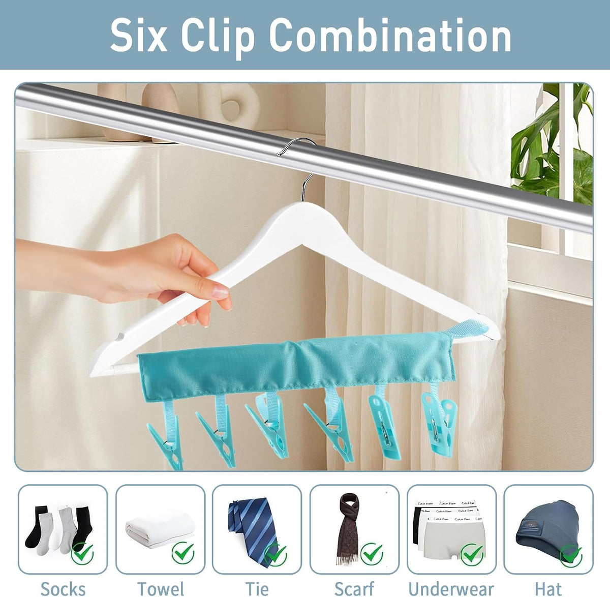 TamBee Portable Hanger Clips Travel Clothesline Travel Hangers Towel Drying Rack Clothing Hanger Folding Portable Sock Dock Swimsuit Drying Rack Hanger with 6 Clips Pack of 3 (Blue)