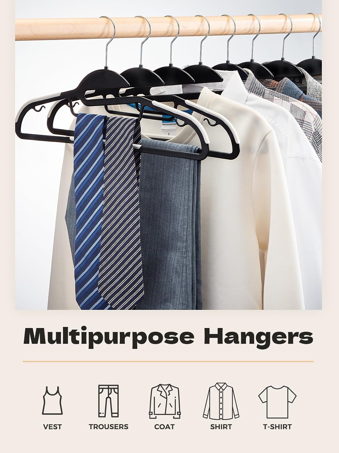 HOUSE DAY Slim Plastic Hangers with Non Slip Rubber Pads, 50 Pack, Black