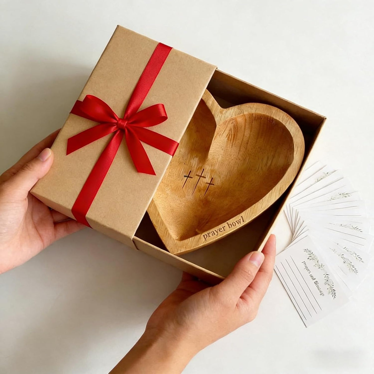 8 Inch Wooden Heart Prayer Bowl with 12 Cards, Rustic Cross Carved Decor
