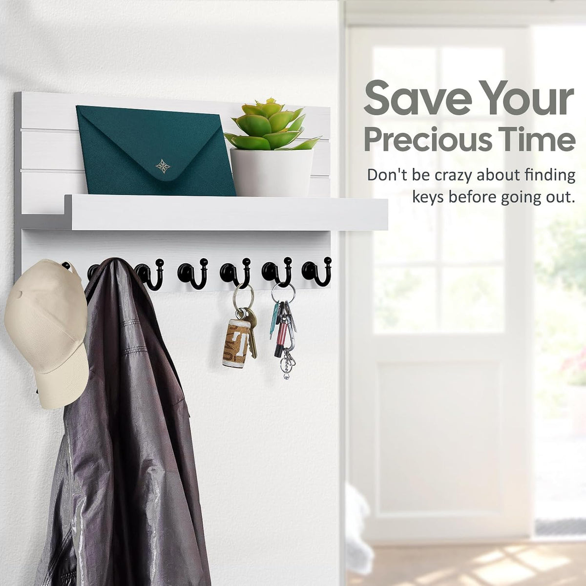 HONJIN Key Holder for Wall: Upgraded 7 Sturdy Key Hooks Easy Installation Mail Organizer Wall Mount Hanging Key Rack for Kitchen and Entryway Decor