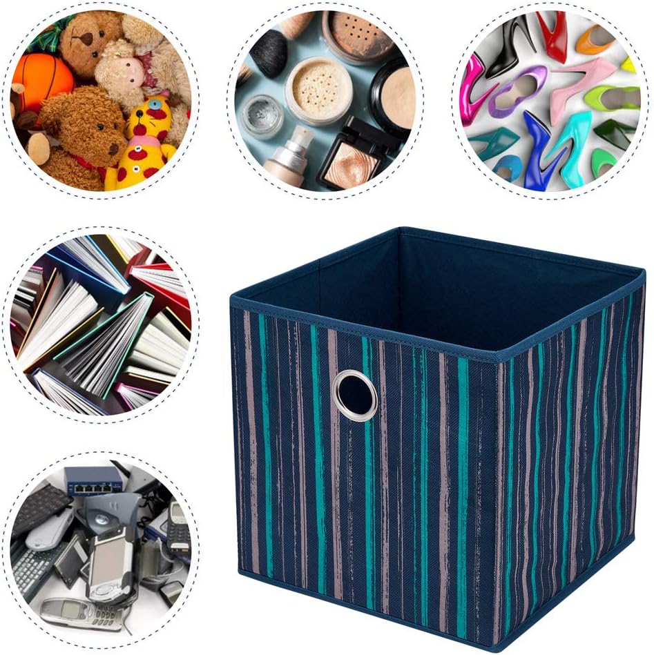 11x11x11 Inch 3 Pack Cube Storage Bins, Blue Fabric Storage Cubes with Teal & Khaki Vertical Gradient Stripes, Collapsible Cloth Storage Bins for Shelves Closet Cubbies
