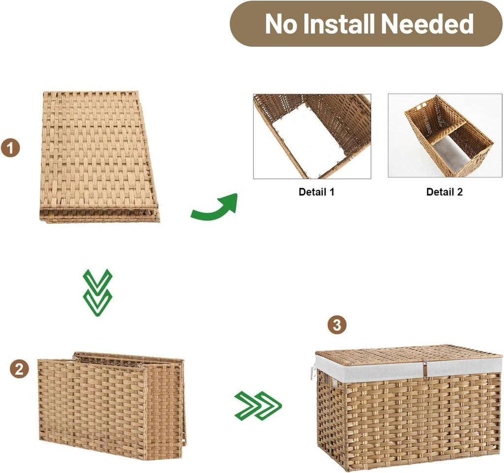 180L Wicker Storage Basket with Lid, Handwoven Rattan Large Shelf Basket with Removable Liner, 47.6 Gallon Wicker Basket for Blanket, Storage Trunk with Handle for Closet, Bedroom, Livingroom, Natural