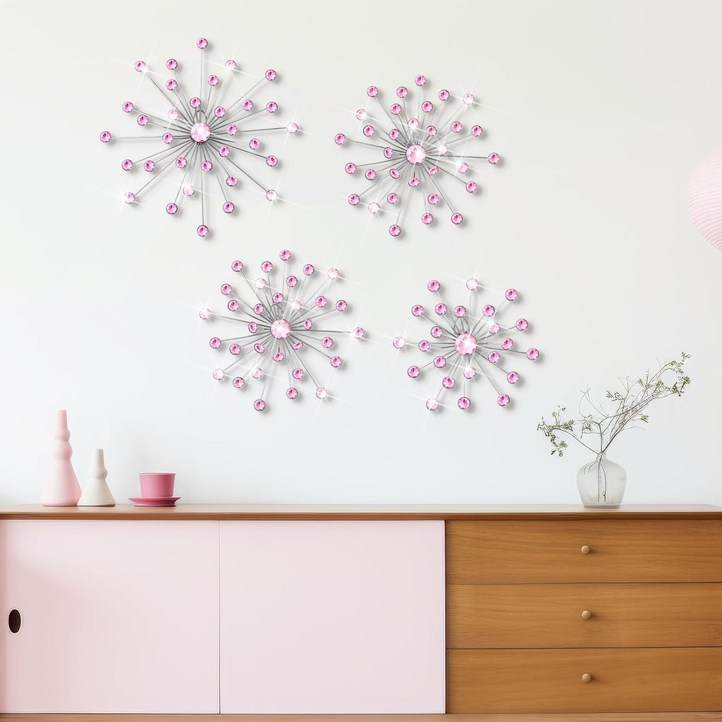 Funnymoom 4 Pcs Pink Starburst Wall Decor Metal Crystal Wall Art Rhinestone