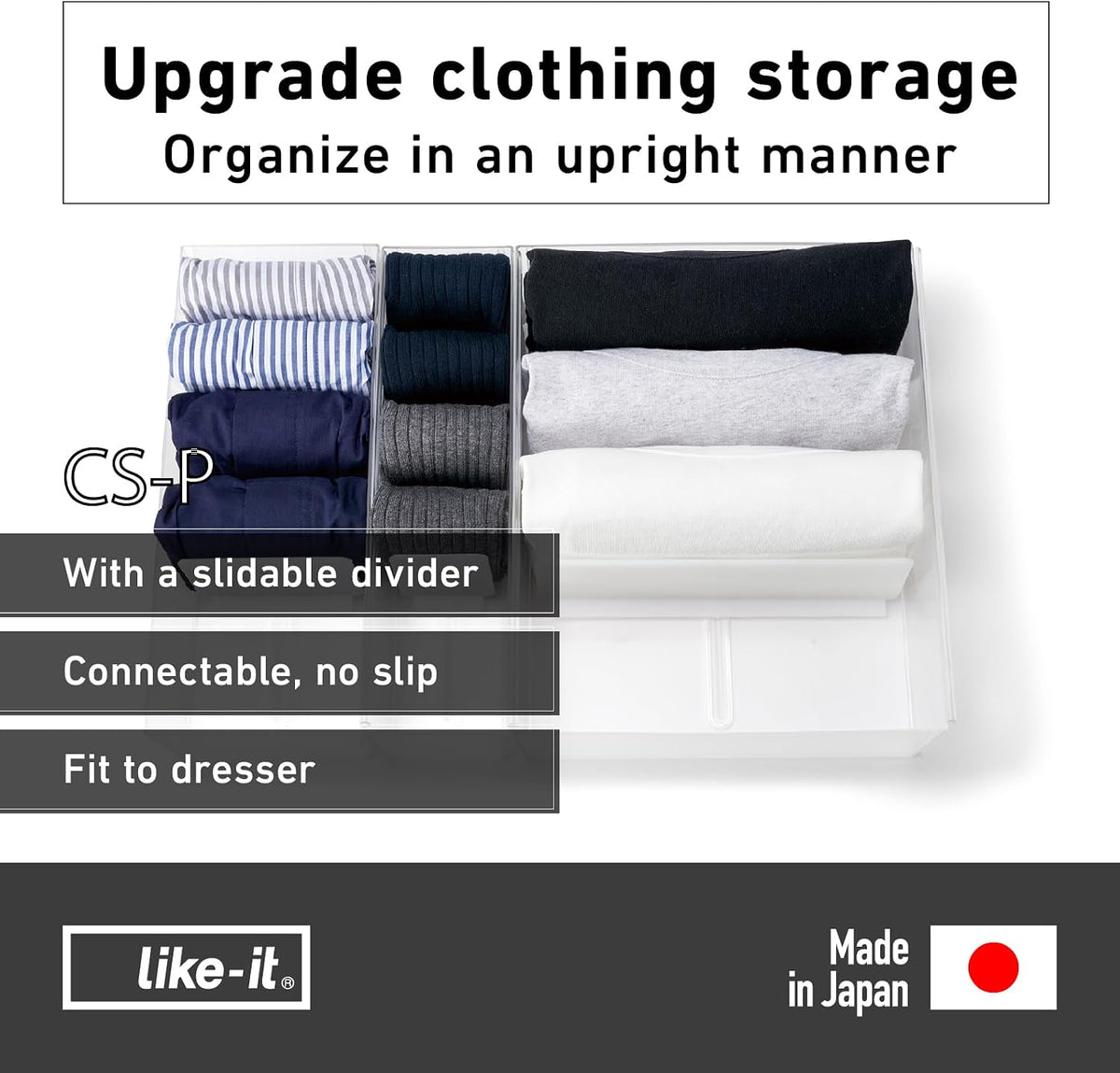 Like-it | CSP-12 | Drawer Organizer | T-Shirts Case | T-Shirts organizer | One adjustable divider included | 10.63" × 12.99" × 3.74" | Clear |