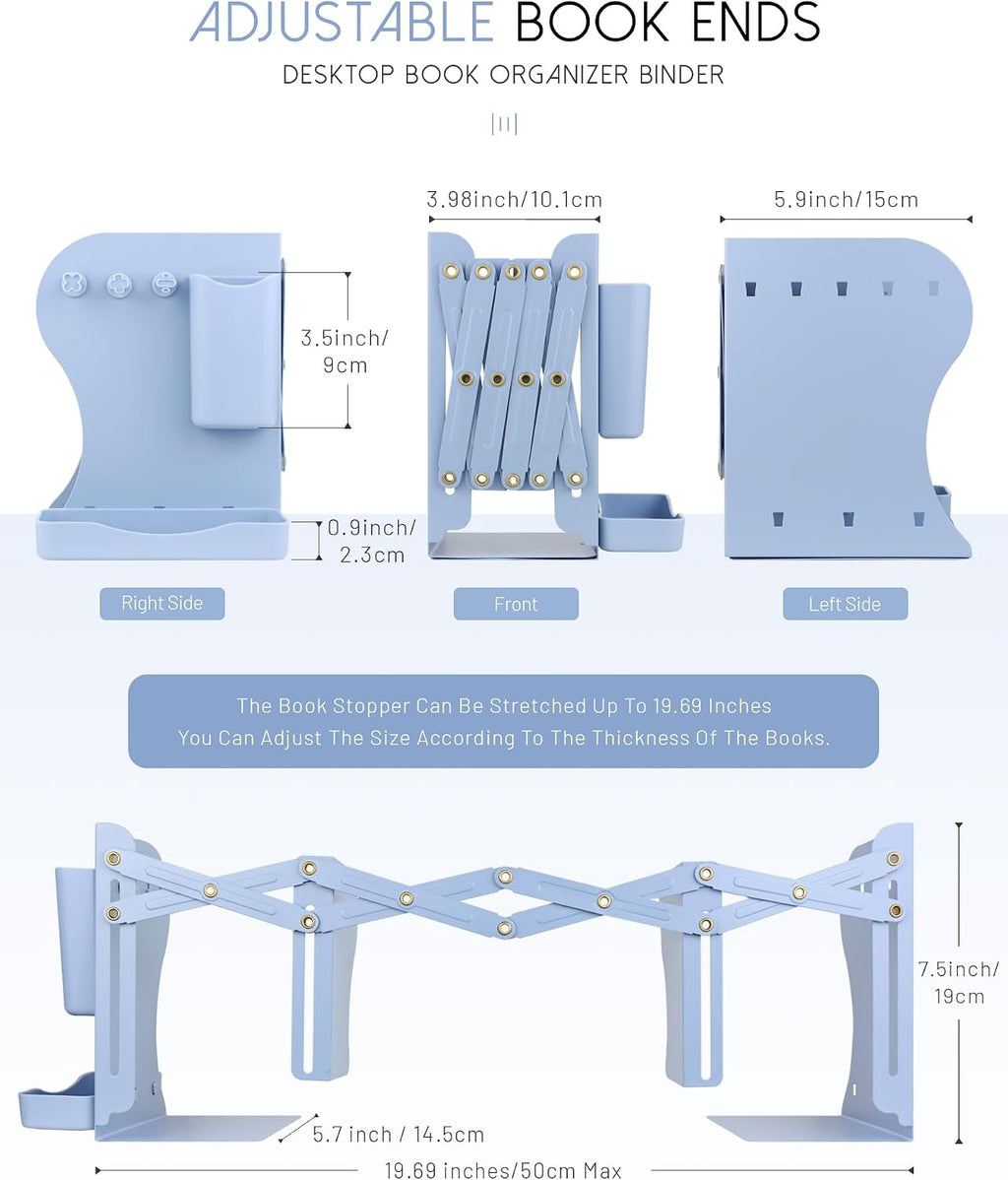 Heavy Duty Bookends Adjustable Book End, Desk Book Holder for Shelves, Book Organizer for Desk, Suitable for Office Home School (19.69 inches Max) (Blue)