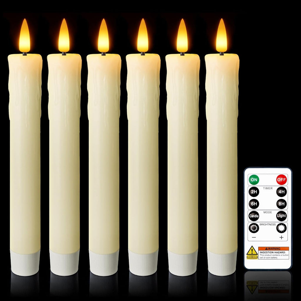 7 Inches Dripless Flameless Taper Candles with Remote Timer Dimmer, Real Wax Battery Candlesticks, 3D Flame Fake Candlesticks for Home Wedding Christmas Decor, Ivory, 6 Pcs
