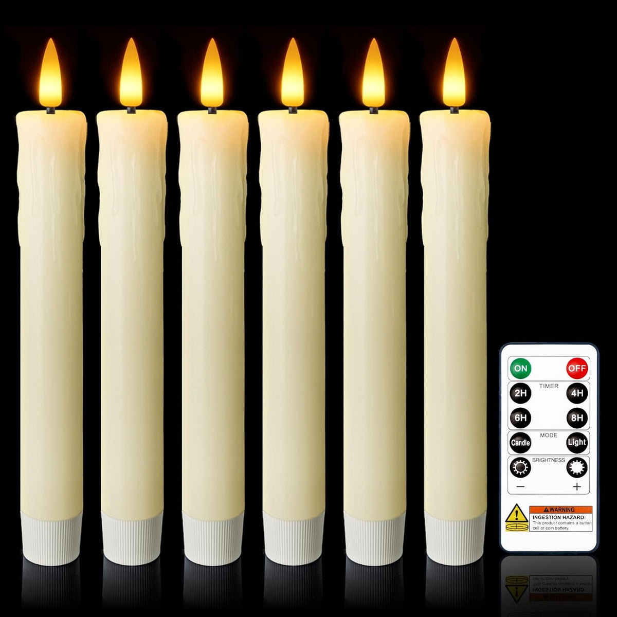 7 Inches Dripless Flameless Taper Candles with Remote Timer Dimmer, Real Wax Battery Candlesticks, 3D Flame Fake Candlesticks for Home Wedding Christmas Decor, Ivory, 6 Pcs