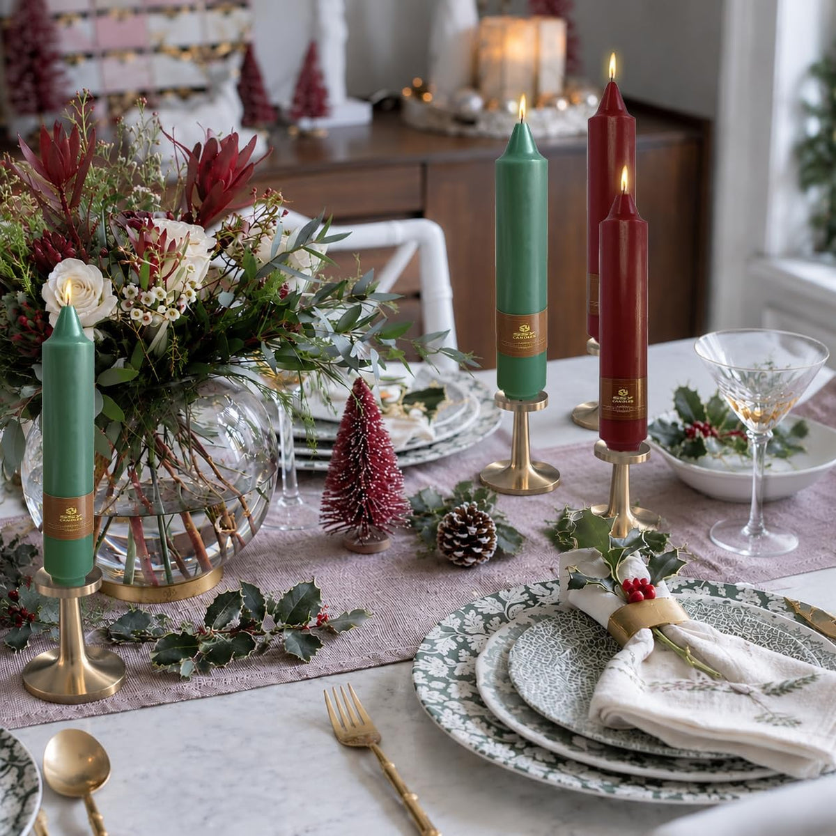 Red Green Short Taper Candles 7Inch, 4 Pack Christmas Candle for Home Decor