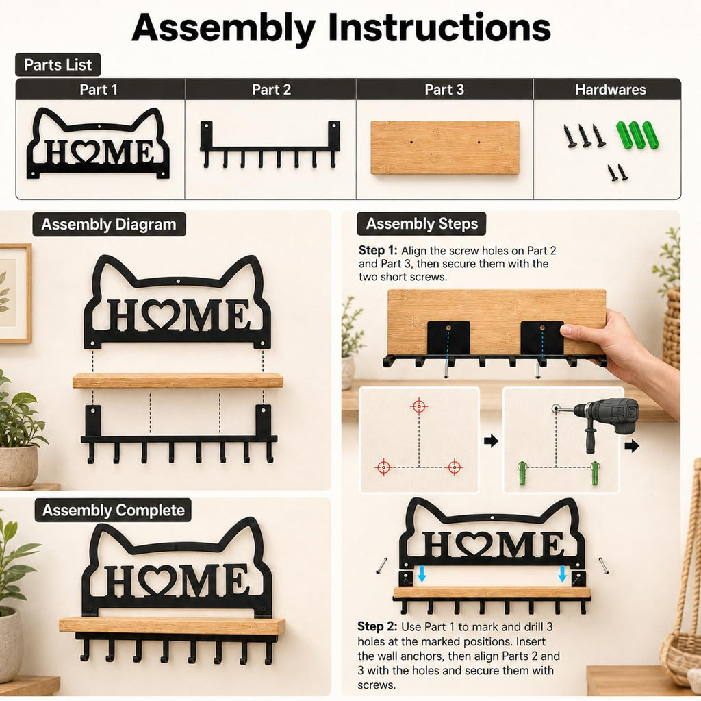 Cat Key Holder for Wall. Decorative Floating Wooden Shelf with 8 Metal Hooks, Wall Storage Rack for Entryway Hallway, Gift for Cat Lovers