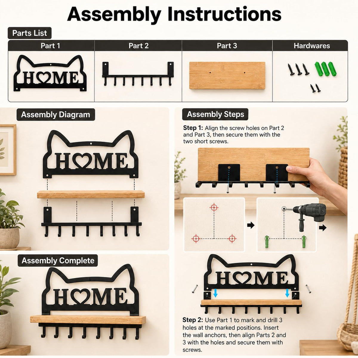 Cat Key Holder for Wall. Decorative Floating Wooden Shelf with 8 Metal Hooks, Wall Storage Rack for Entryway Hallway, Gift for Cat Lovers