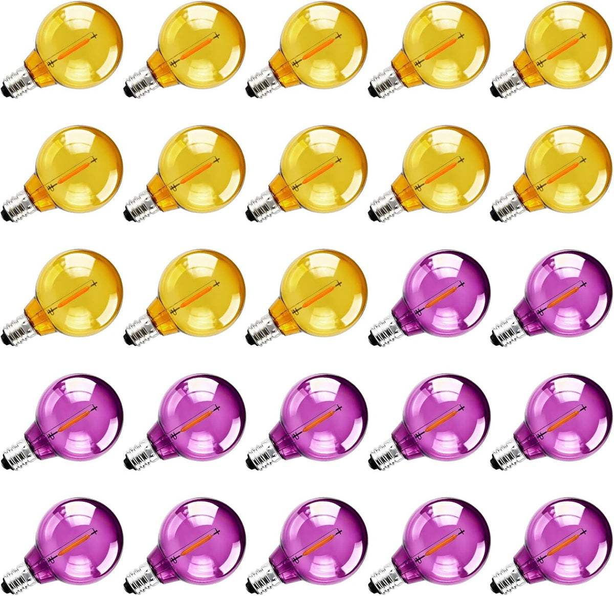 25 Pack G40 Orange and Purple LED Light Bulbs, Shatterproof Plastic Replacement Bulbs, E12 Candelabra Base 0.6W 120V, 2700K Waterproof Outdoor Globe Bulbs for Halloween Decor Patio String Lights