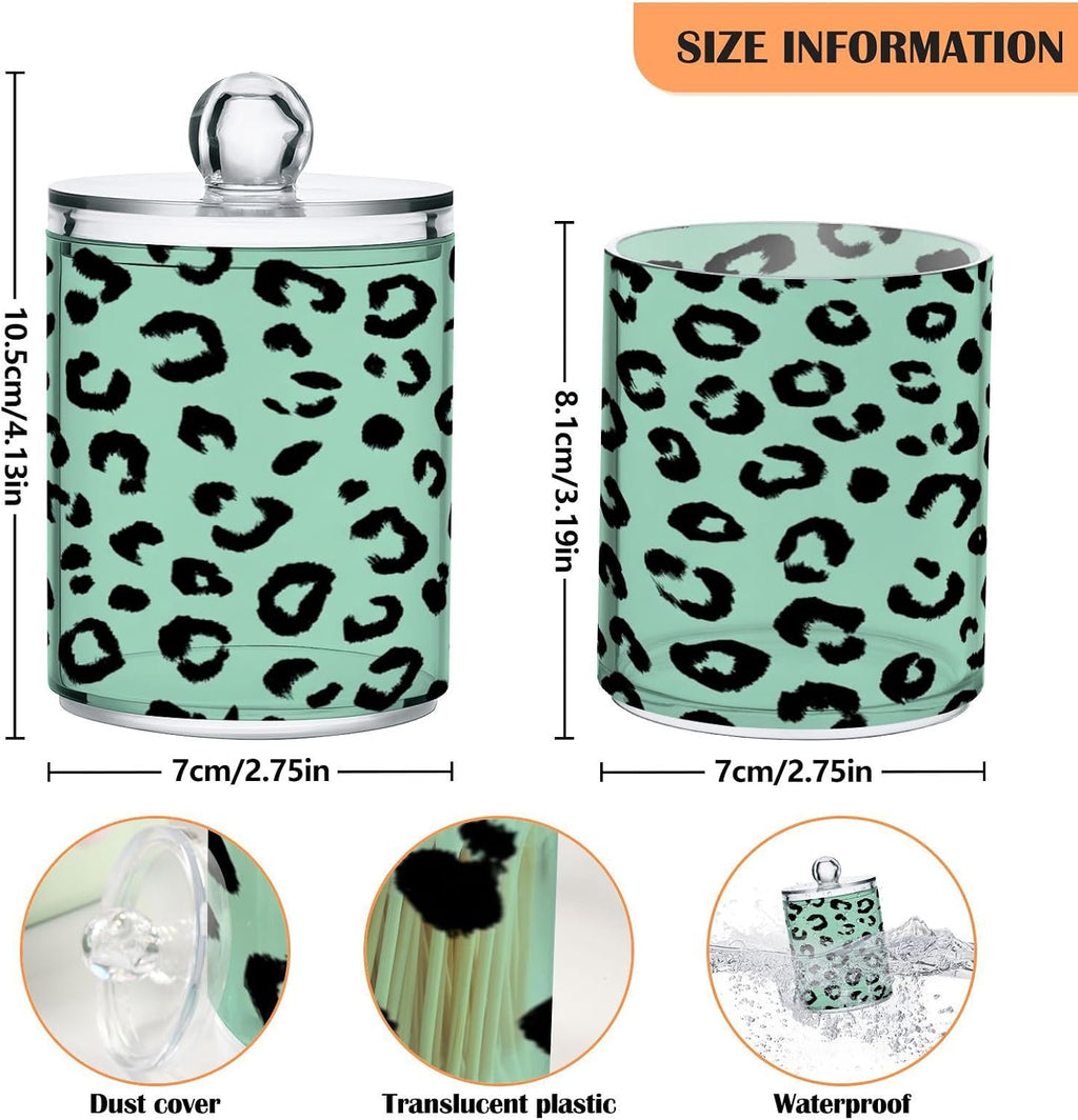 Green Black Leopard Print Qtip Holder Acrylic for Cotton Ball Swab 2 Packs