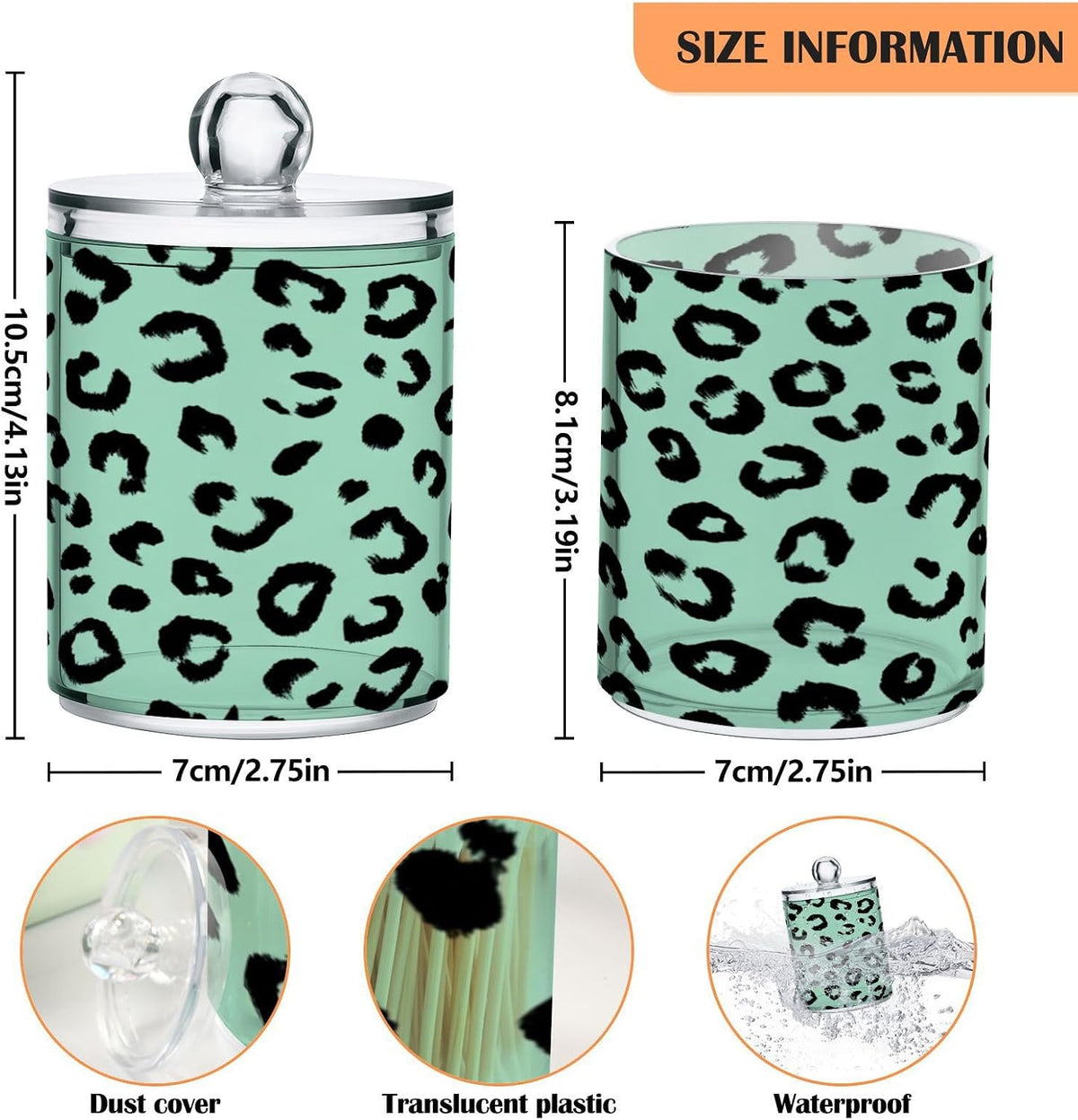Green Black Leopard Print Qtip Holder Acrylic for Cotton Ball Swab 2 Packs