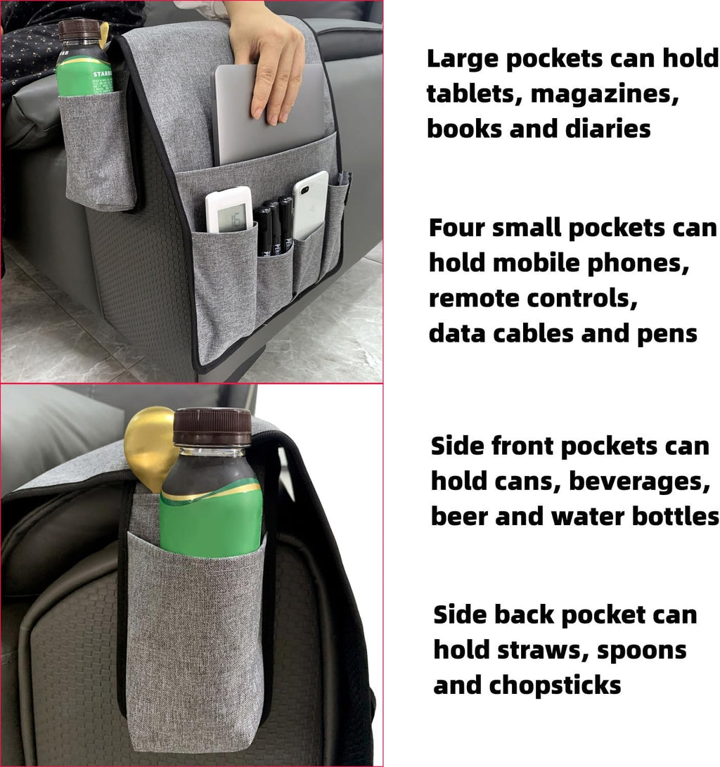 Wanty Sofa Armrest Organizer Couch Arm Chair Caddy Sofa Cover Storage Holder for Remote Control Magazine Book Smart Phone Tablet Drinks and Water Bottle (Gray)