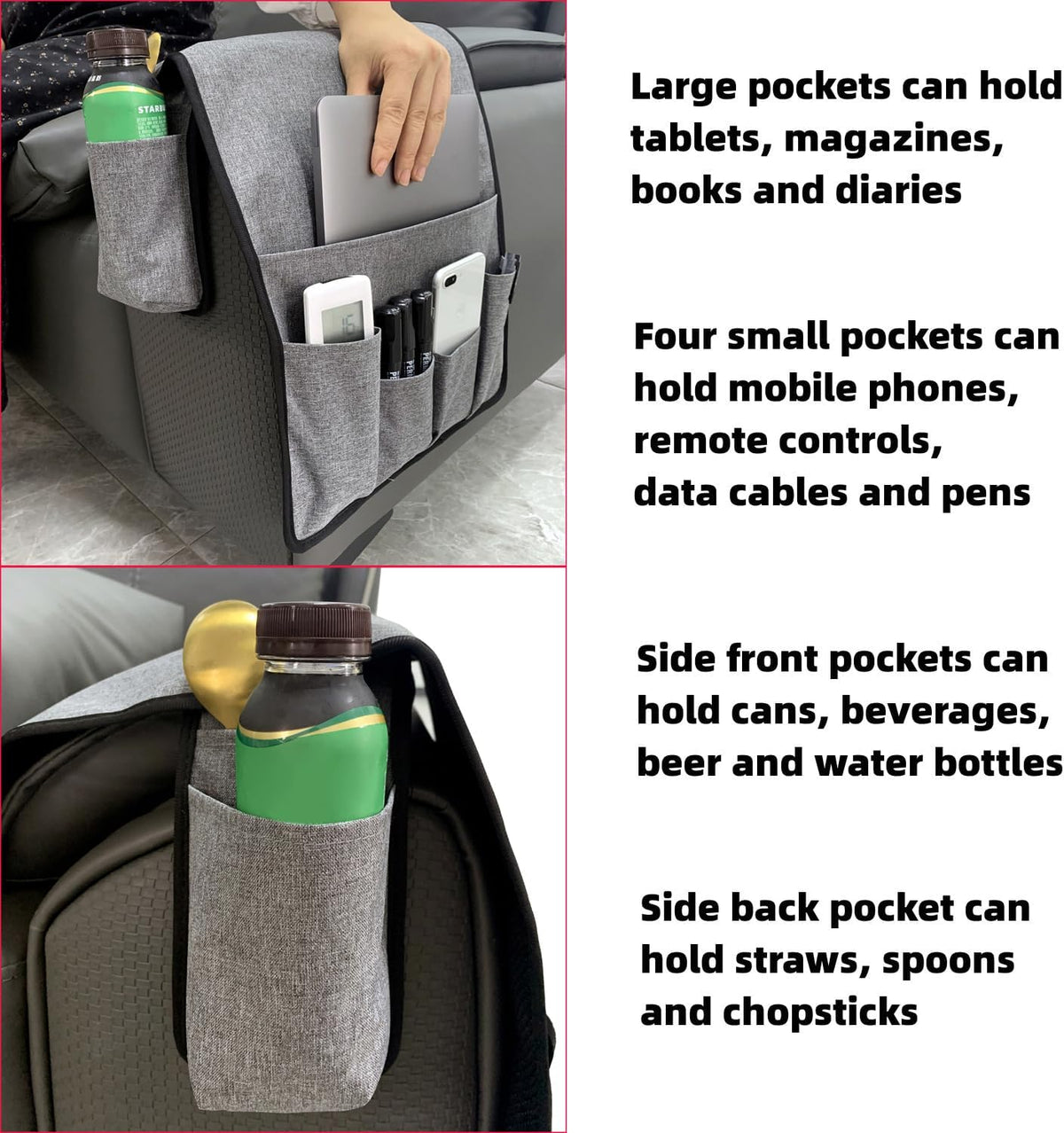 Wanty Sofa Armrest Organizer Couch Arm Chair Caddy Sofa Cover Storage Holder for Remote Control Magazine Book Smart Phone Tablet Drinks and Water Bottle (Gray)
