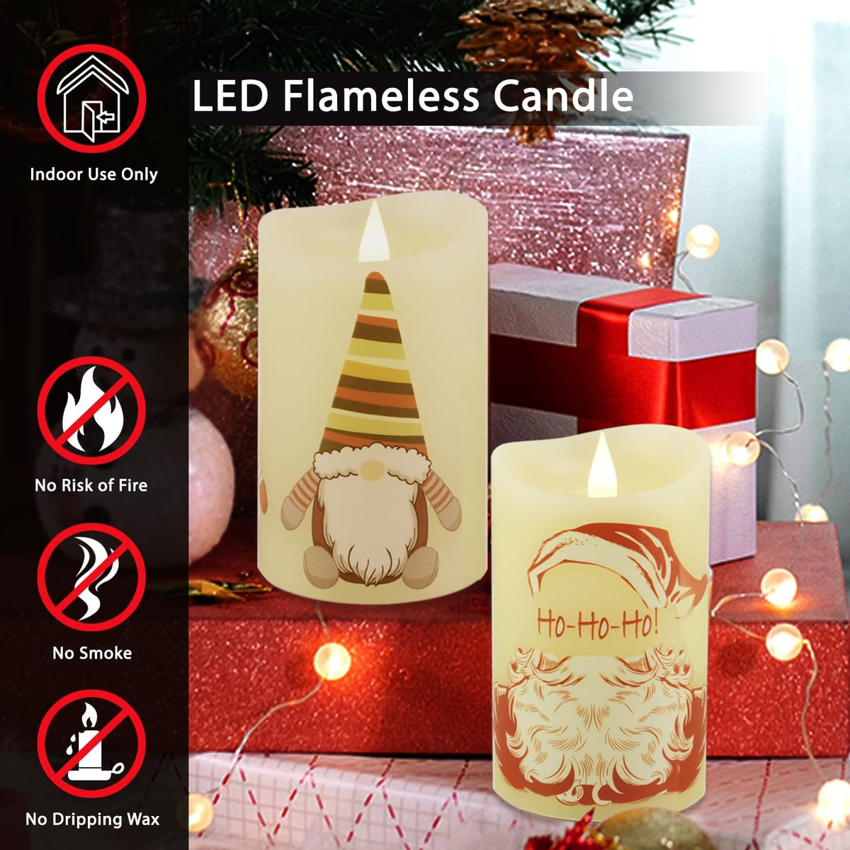 Christmas Flameless Candles with Remote Control, 3"x 5"Battery Operated Flickering 3D Wick Real Wax Pillar Santa Claus Candle