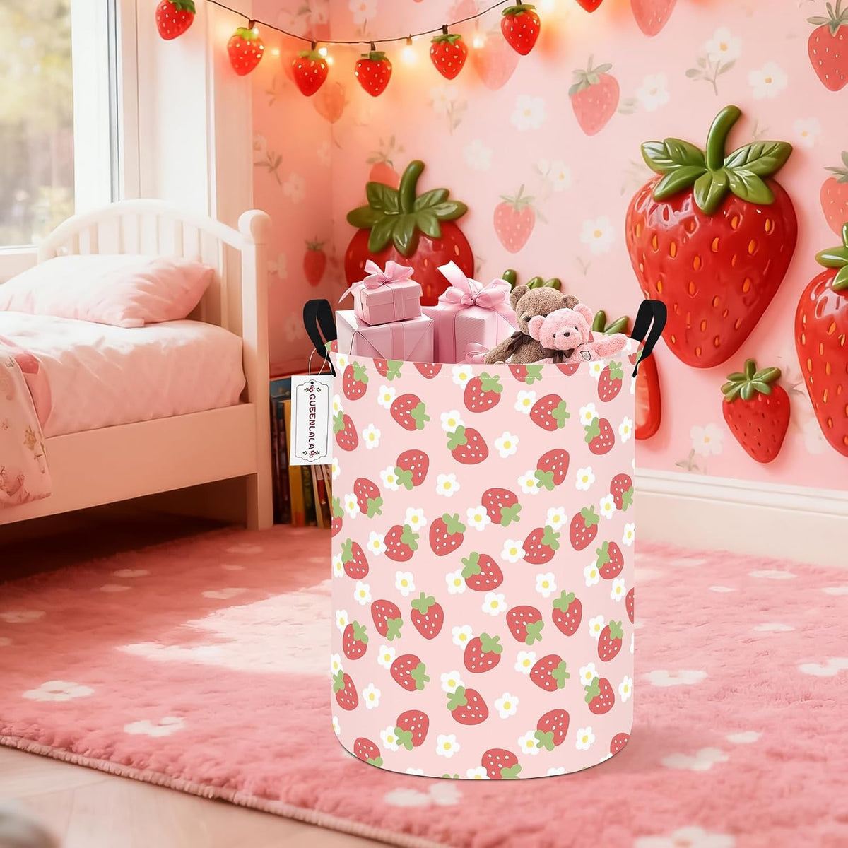 Foldable Waterproof Round Fabric Laundry Basket Home, Pink Strawberry