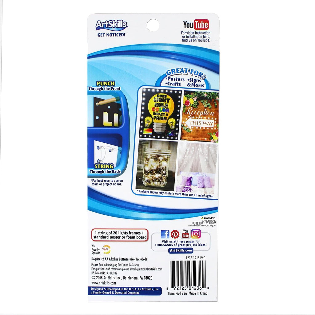 ArtSkills White Poster Lights, Poster Board Decorations, Sign Making & Science Fair Board Supplies, Battery-Operated String Light Kit, 20 Lights