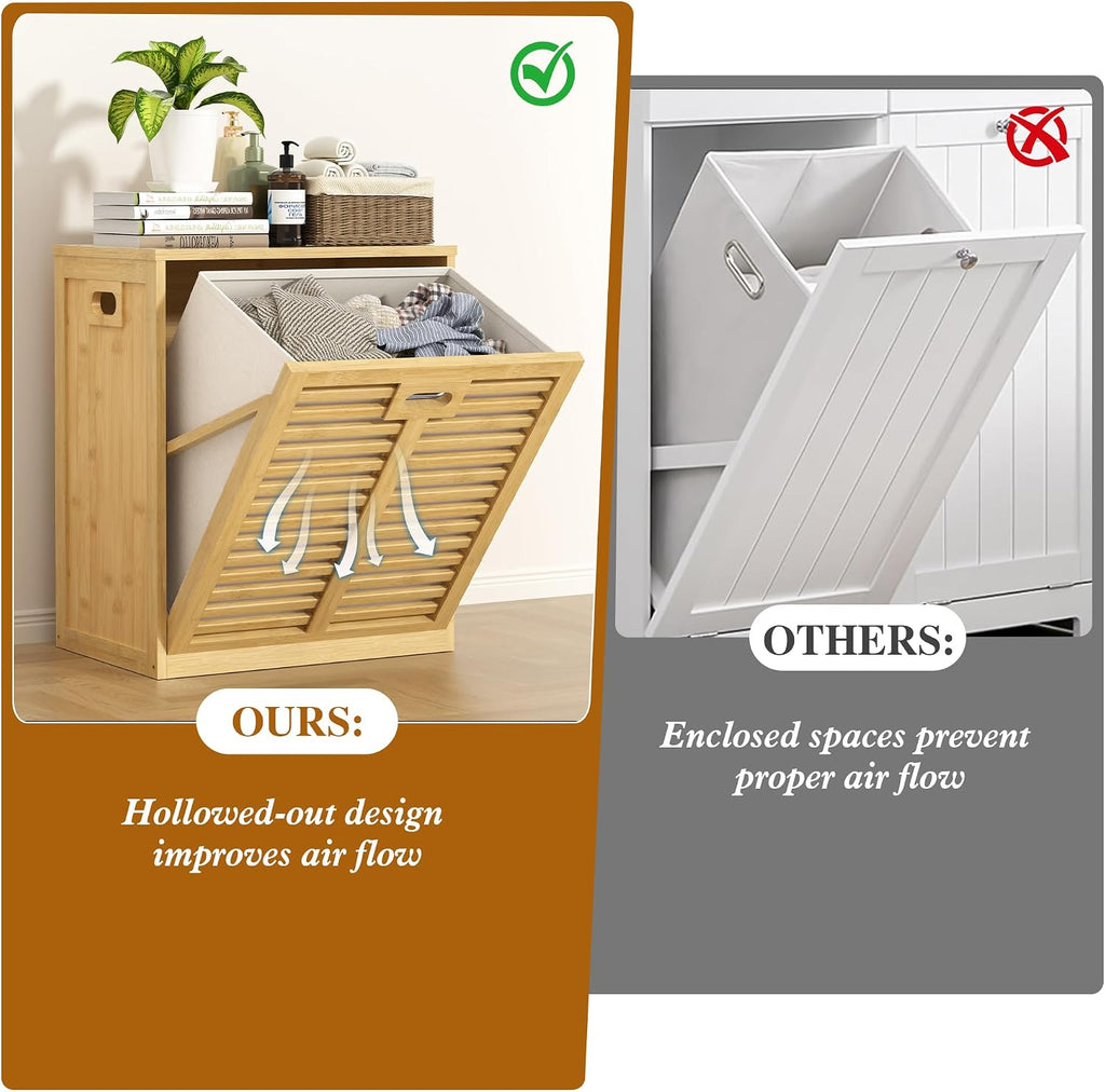 VASMIA Tilt Out Laundry Hamper, Bamboo Laundry Cabinet with Hidden Removable Basket,Dirty Clothes Storage Organizer for Bedroom, Bathroom, Living Room, Natural