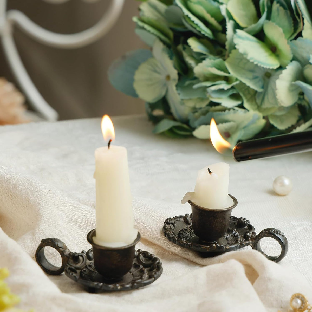 NIKKY HOME Vintage Small Brown Taper Candle Holders Set of 2, Handle Design